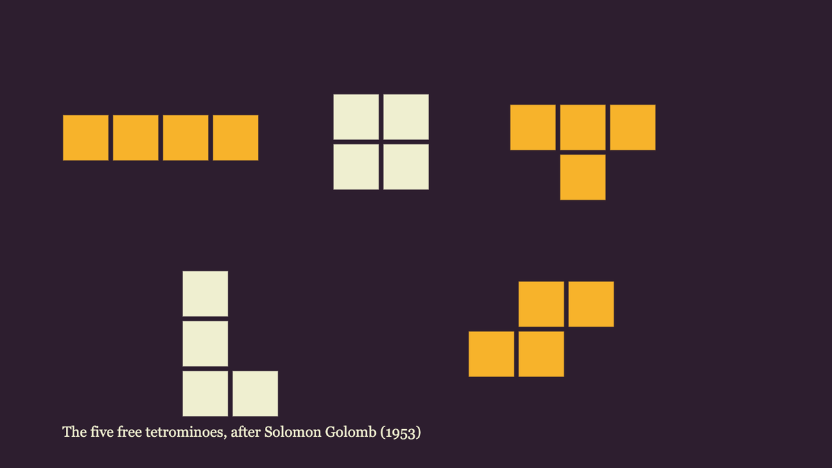 The five free tetromino shapes drawn in amber and cream on a plum background