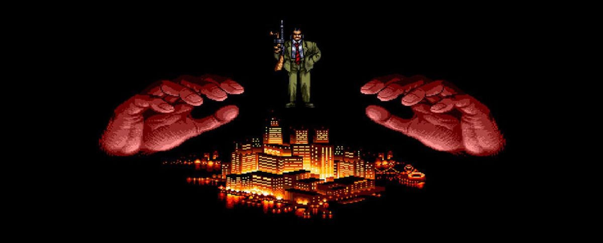 Two giant red hands cradle a glowing pixel-art city at night, a suited boss figure standing above it