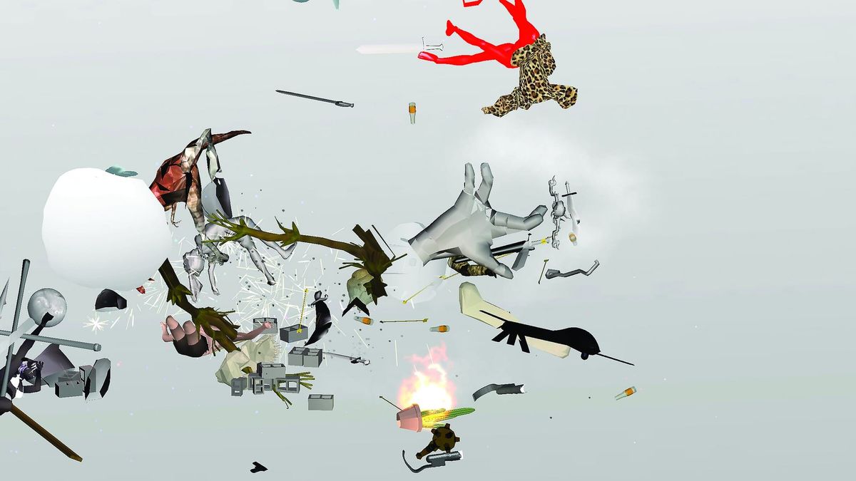 Objects and animals scattered mid air against a pale background