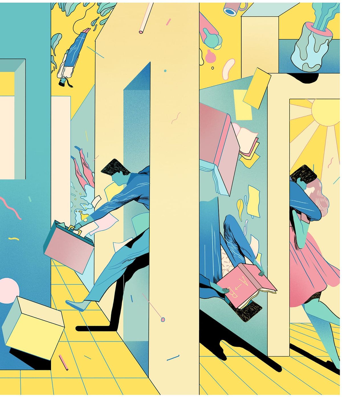 Colorful illustration of small figures leaping between tall yellow and teal doorways