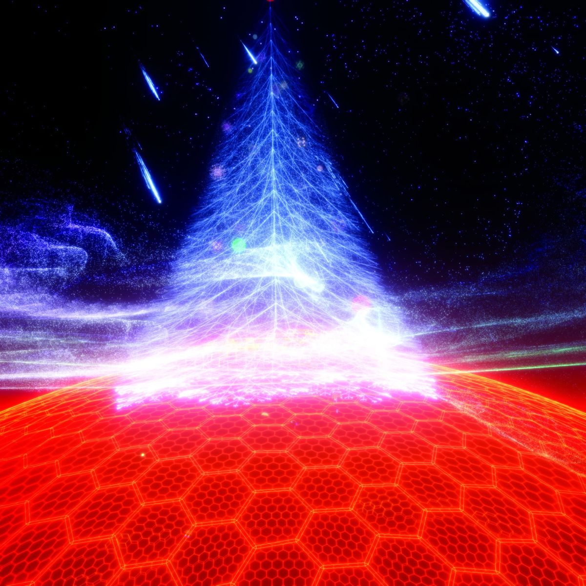 A luminous white fractal spire rising from a red hexagonal grid under a starfield, streaked with falling light.