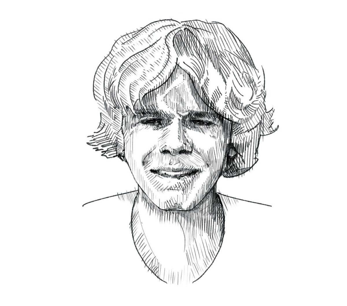 Pen and ink portrait of Tom van den Boogaart, curly-haired and facing the viewer