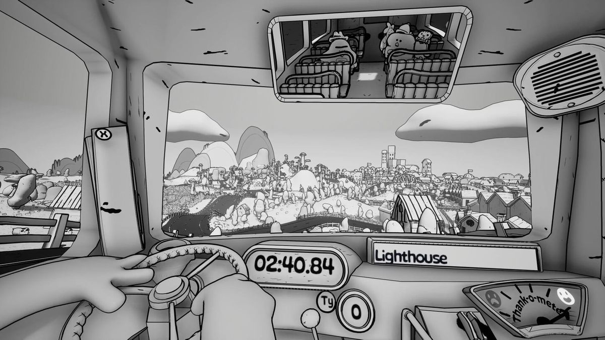 A cartoonish first-person view from a bus driver's seat, passengers seated as the bus barrels down a road