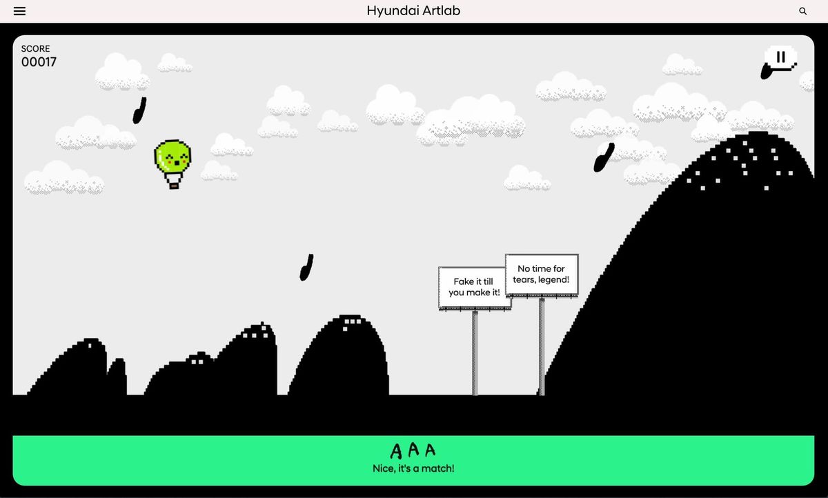 A pixel hot air balloon floats over black mountains past billboards reading upbeat slogans in Up and Away.