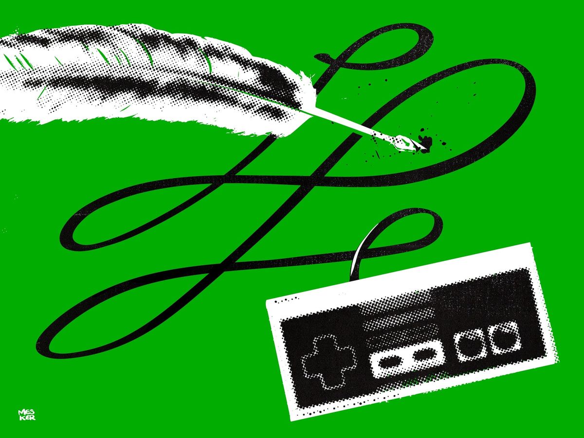 A quill pen and an NES controller tangled in loping black script on a flat green field.