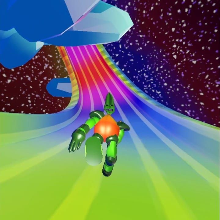 A colorful cartoon robot with a fruit-like head racing along a rainbow track through space
