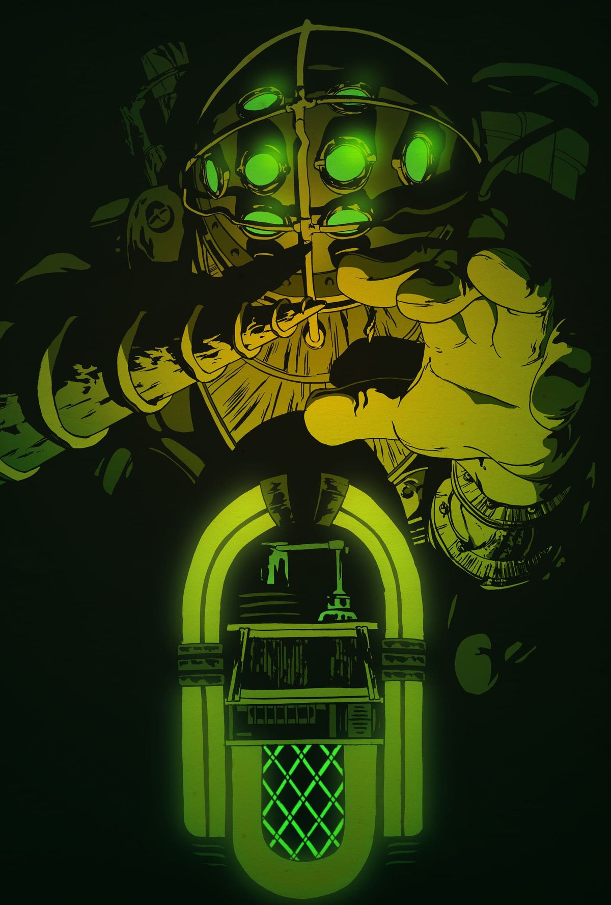 A Big Daddy diving suit rendered in sickly green and gold, a Circus of Values vending machine set into its chest.
