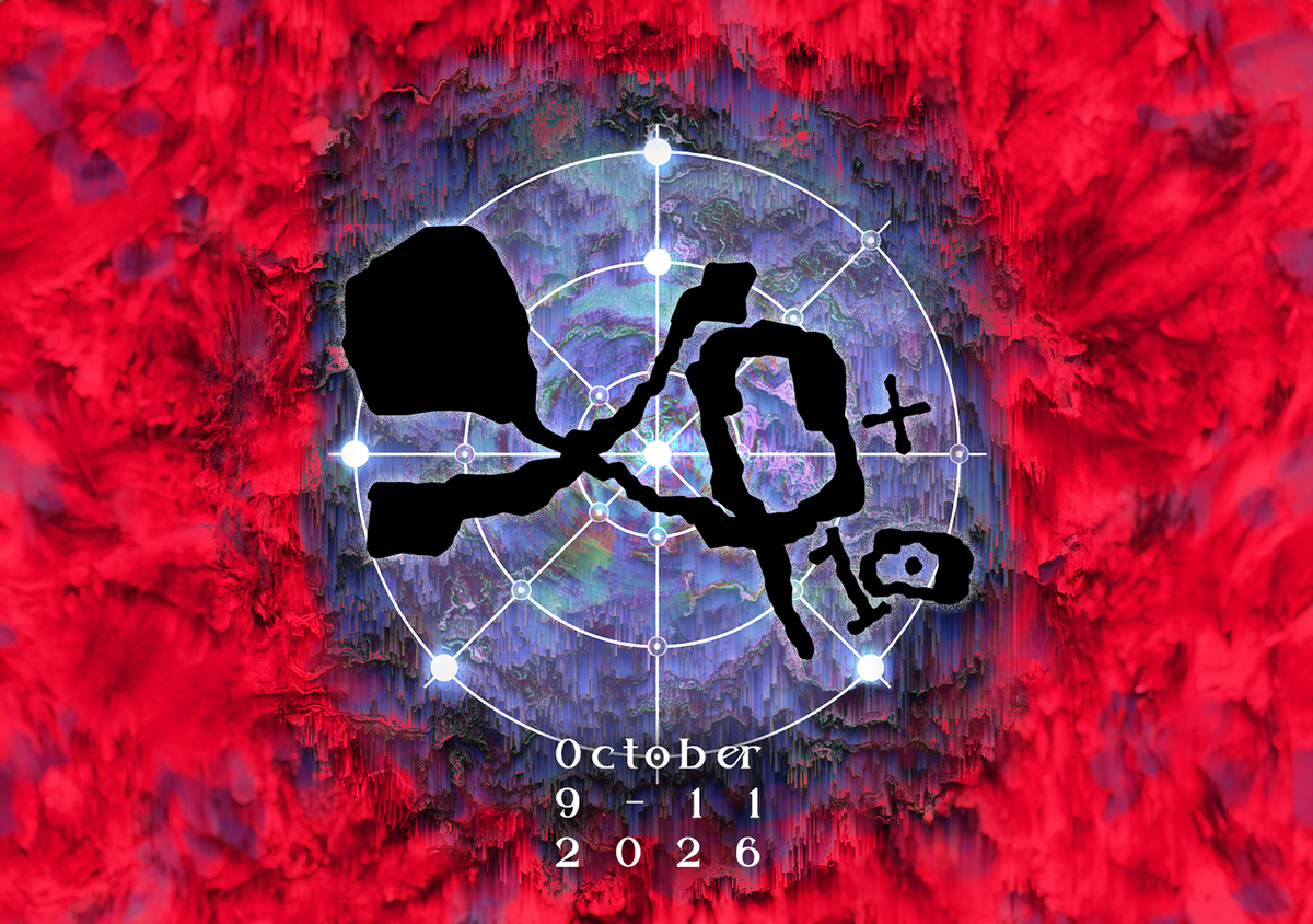 Abstract red, purple and teal poster with white concentric circles and hand-drawn black letters reading XP+10, dated October 9–11 2026