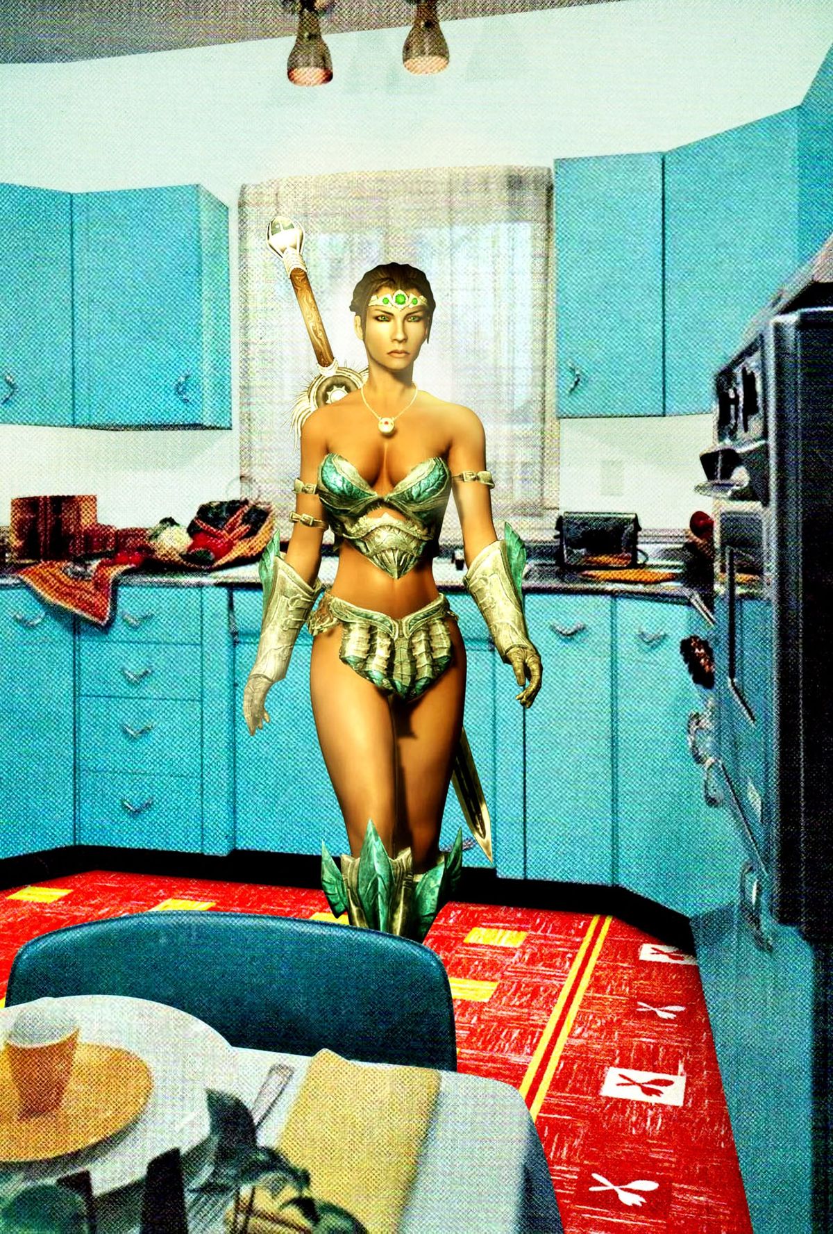A Skyrim character in gilded armor standing in a 1960s turquoise kitchen, sword raised.