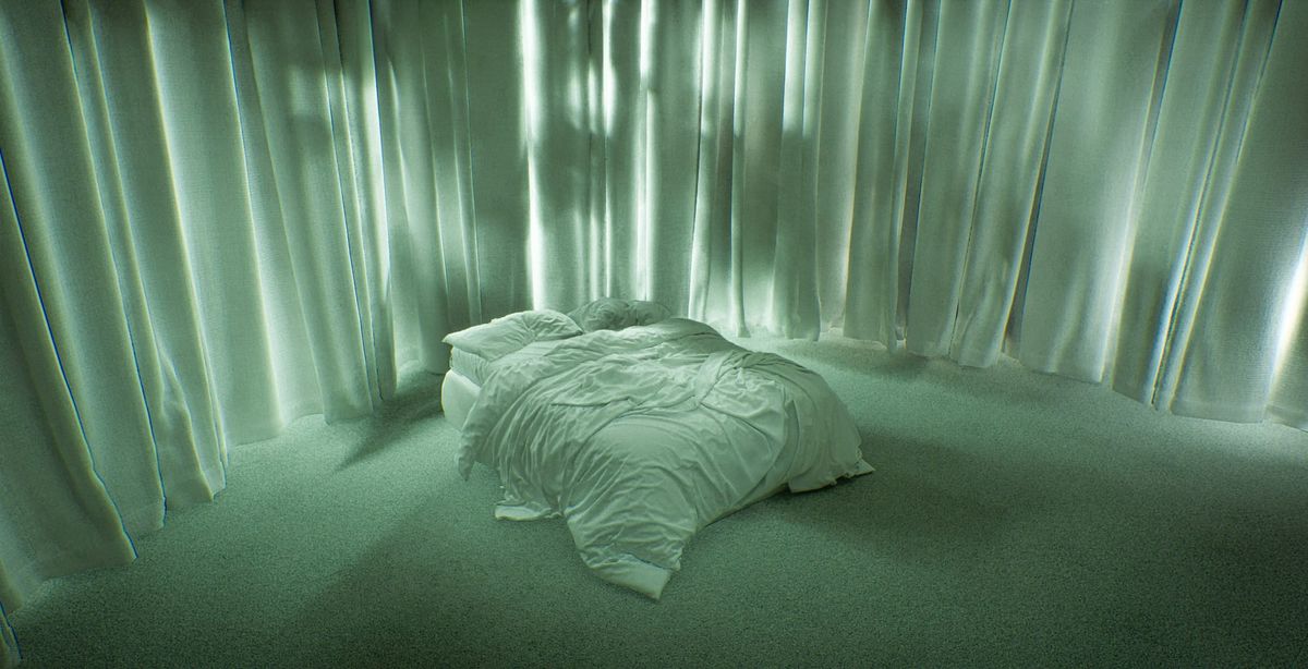 A pale green room with a single unmade bed under hanging curtains, from Pierre Moulin's VR film After the Shell