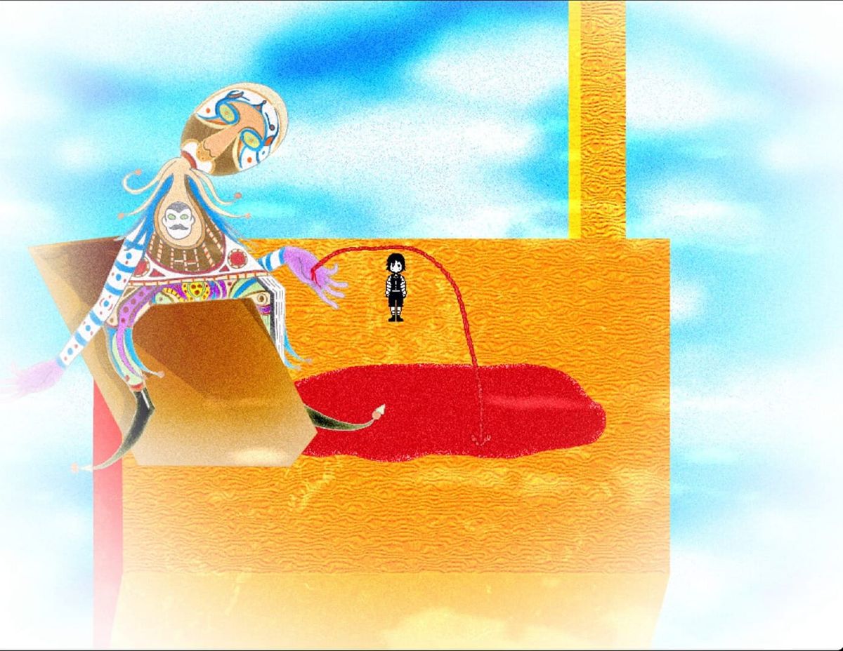 A small dark figure stands on an orange block beside a tall patterned creature and a red shape, against a cloudy blue sky, in ArMystic.