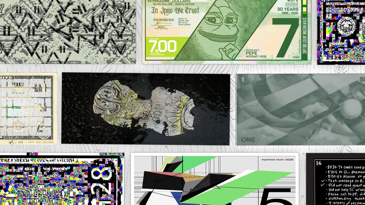 Overlapping artist-designed banknotes, among them a green $7 bill with a cartoon frog and a white $5 note of angular shapes