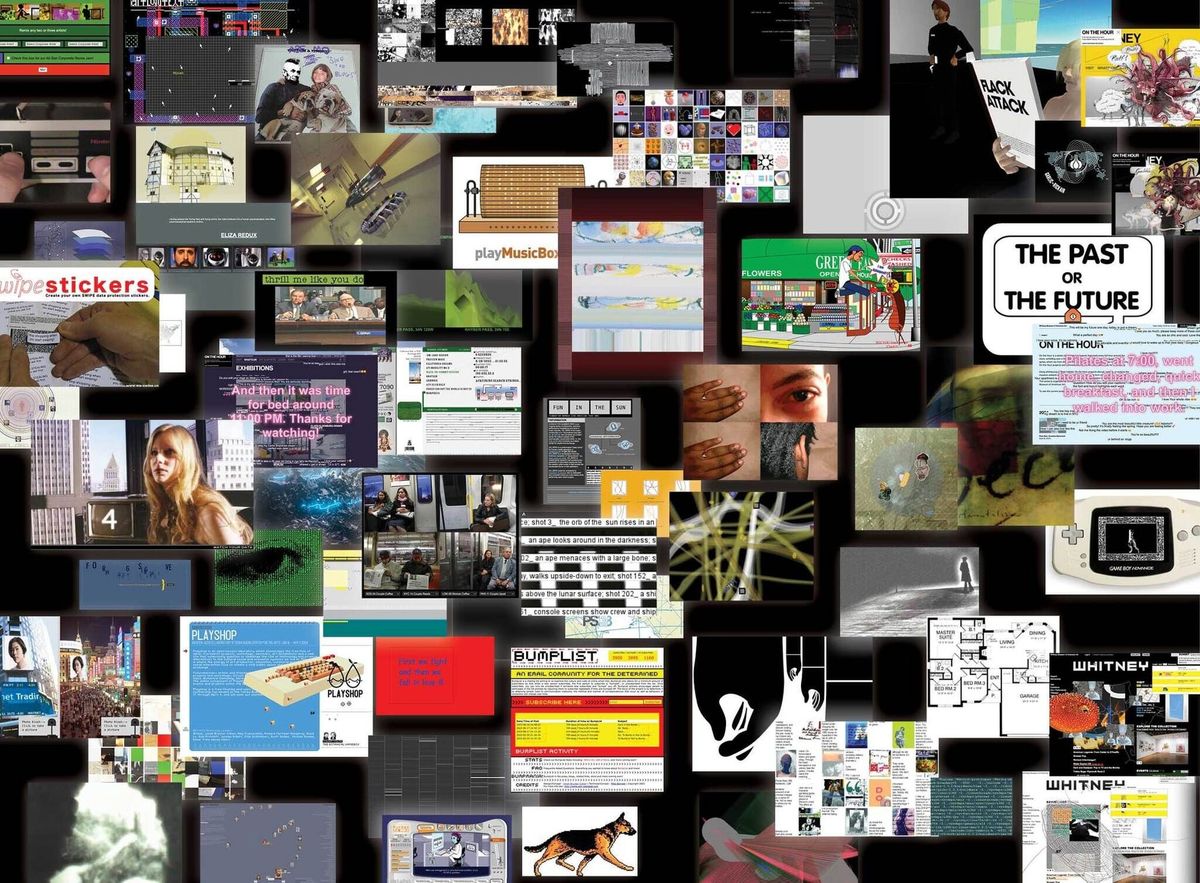A dense grid of thumbnails from net art projects arranged on a black background