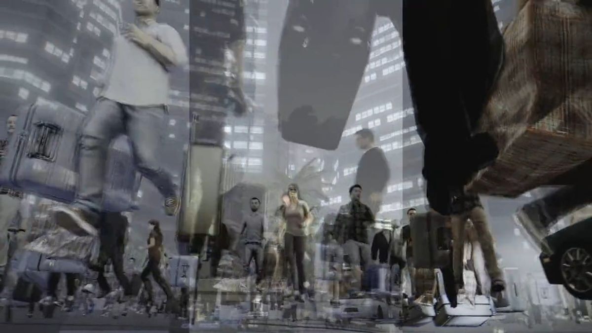 Dense crowd of Sleeping Dogs characters running through a layered, ghosted Hong Kong street