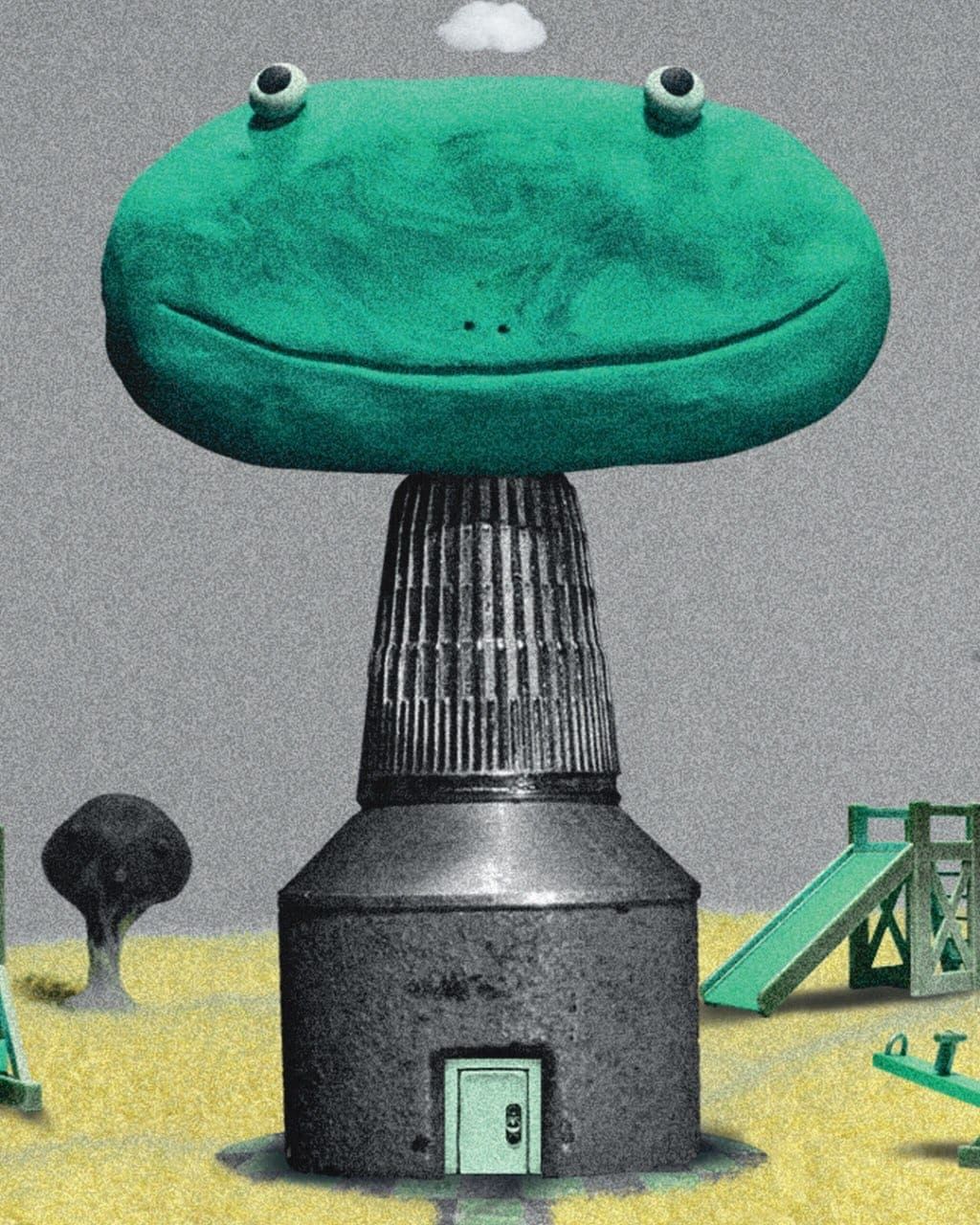 A clay frog head on a gray tower beside a playground slide, from a preview of Big Sally: Lake Emulator.