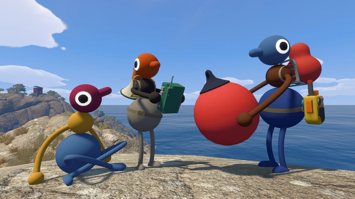 Four round, brightly colored Big Walk characters stand on a rocky seaside ledge holding drinks.