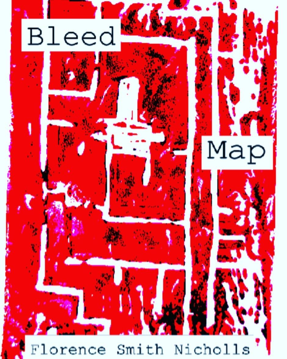 Red and white cover art for Bleed Map, a hand-drawn map texture with the title and the designer's name