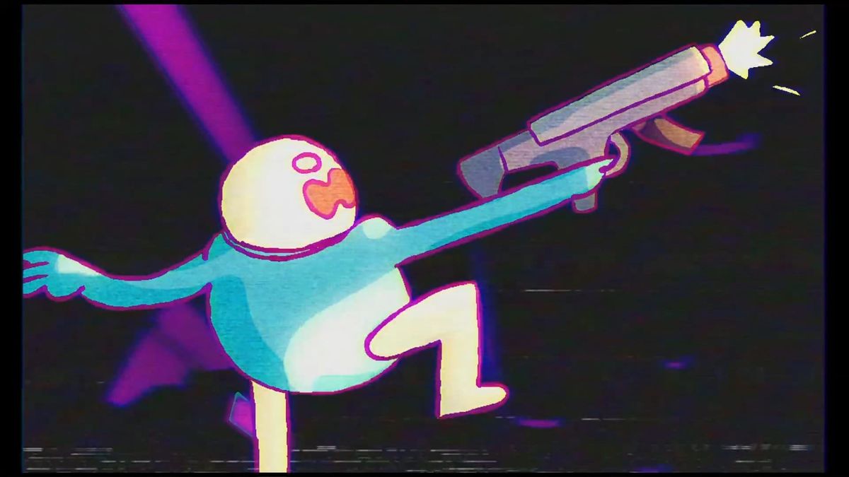 A round-headed cartoon figure in a blue sweater leaps and fires a large gun in a dark magenta dungeon