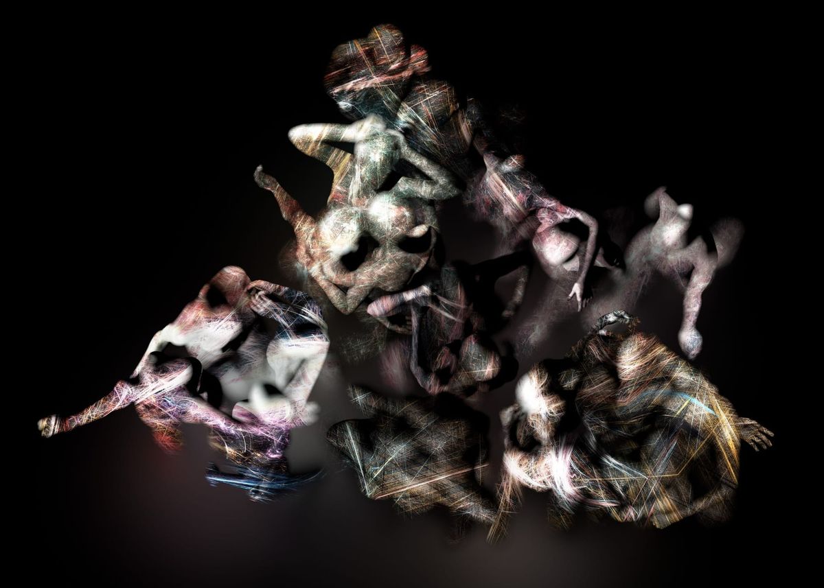 A cluster of pale, tangled figures streaked with fine lines of light against a black background