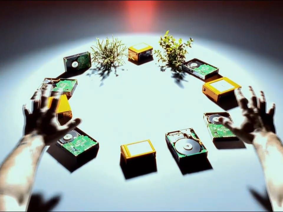 First-person rendered hands reach toward a ring of hard drives and small plants under a spotlight