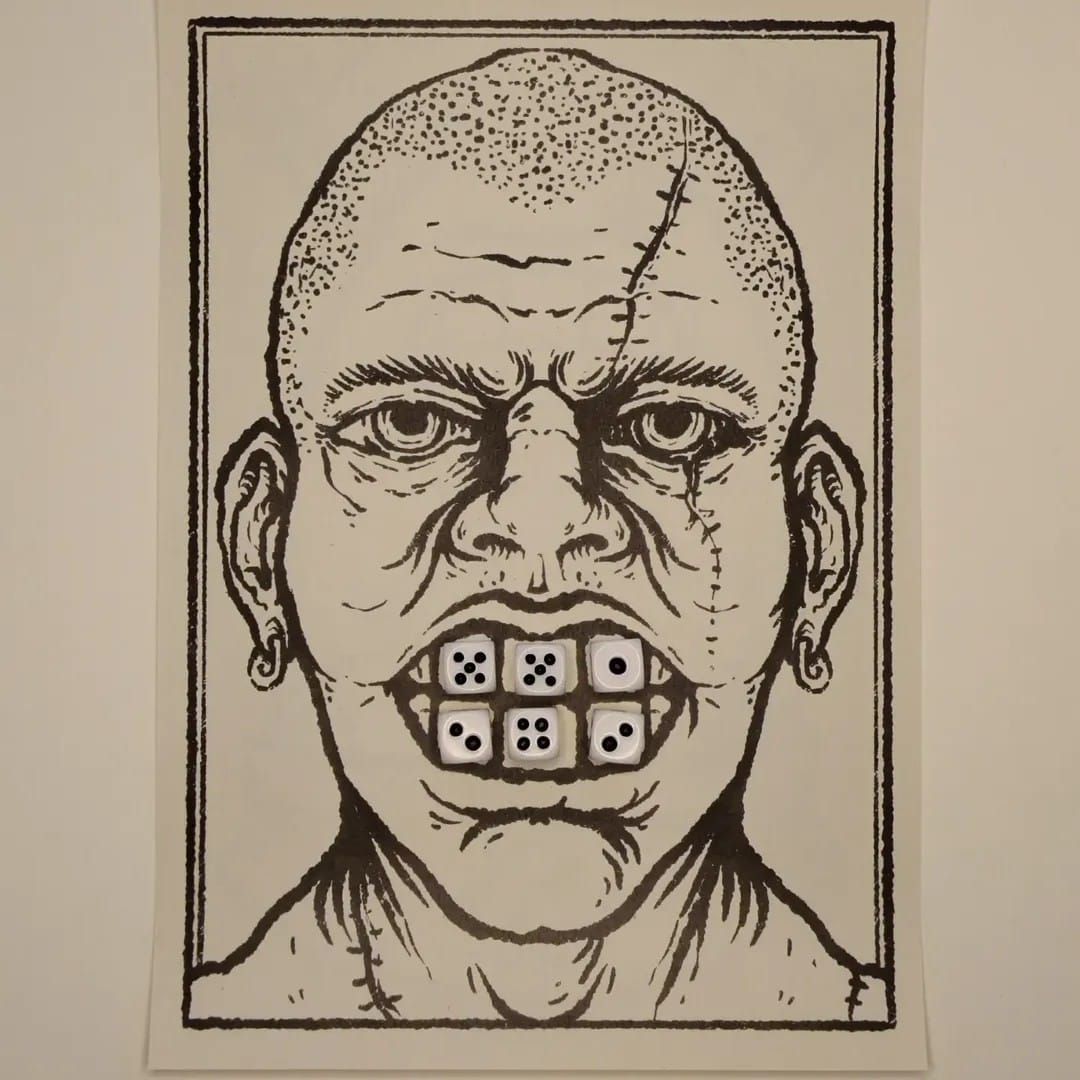 A black-and-white illustration of a scowling bald man with dice for teeth, a card from Fascist Dentist.