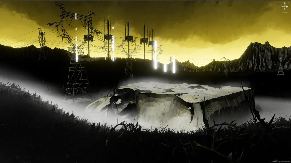 A dark field under electrical pylons in the game Aggregate