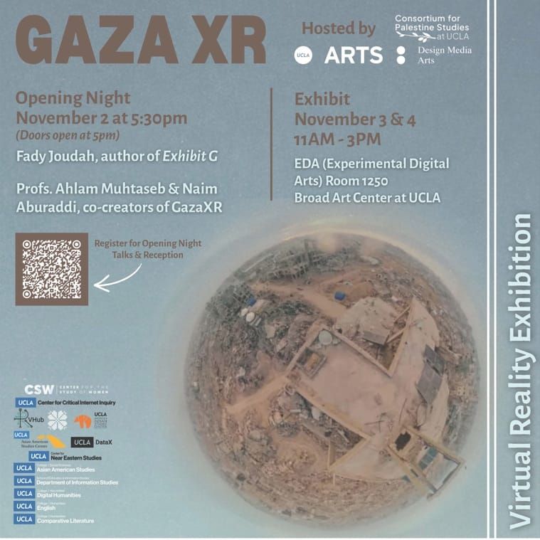 Event poster for the Phoenix of Gaza XR exhibition at UCLA with a circular 360-degree aerial photograph