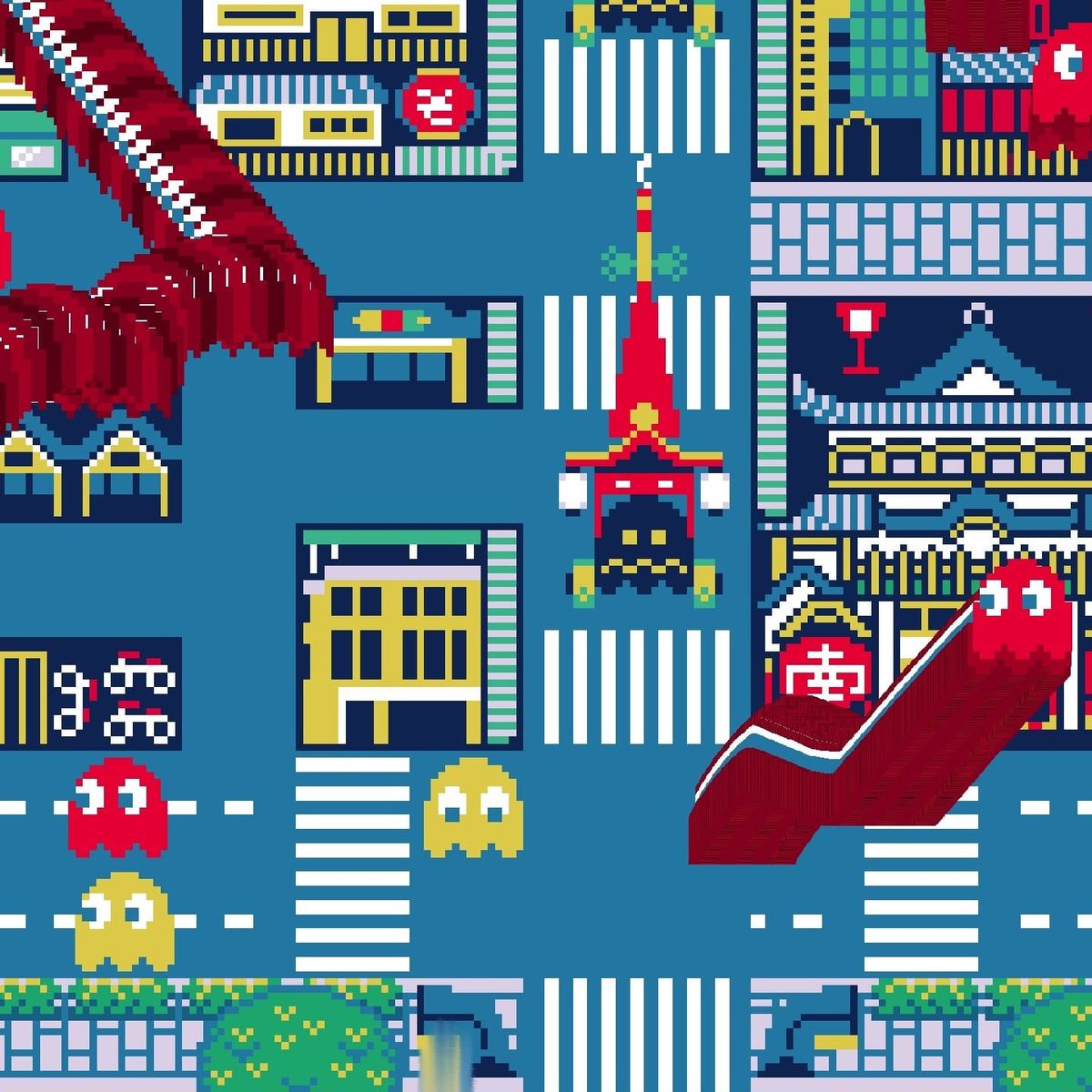 Pixel-art PAC-MAN ghosts at a Kyoto crosswalk as a red festival procession winds past a pagoda