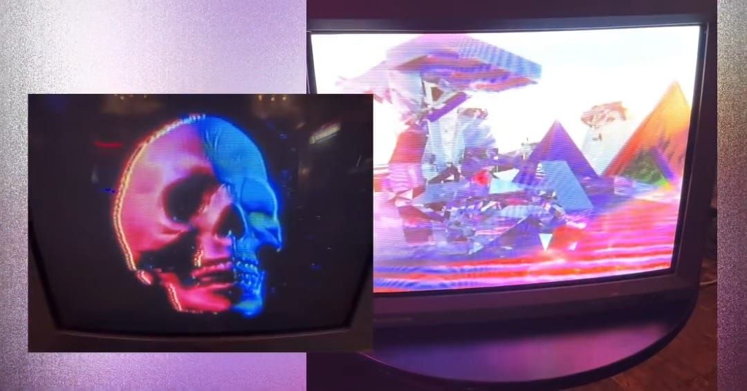Screens showing glitch art at Logan Arcade, including a CRT with a blue and red skull.
