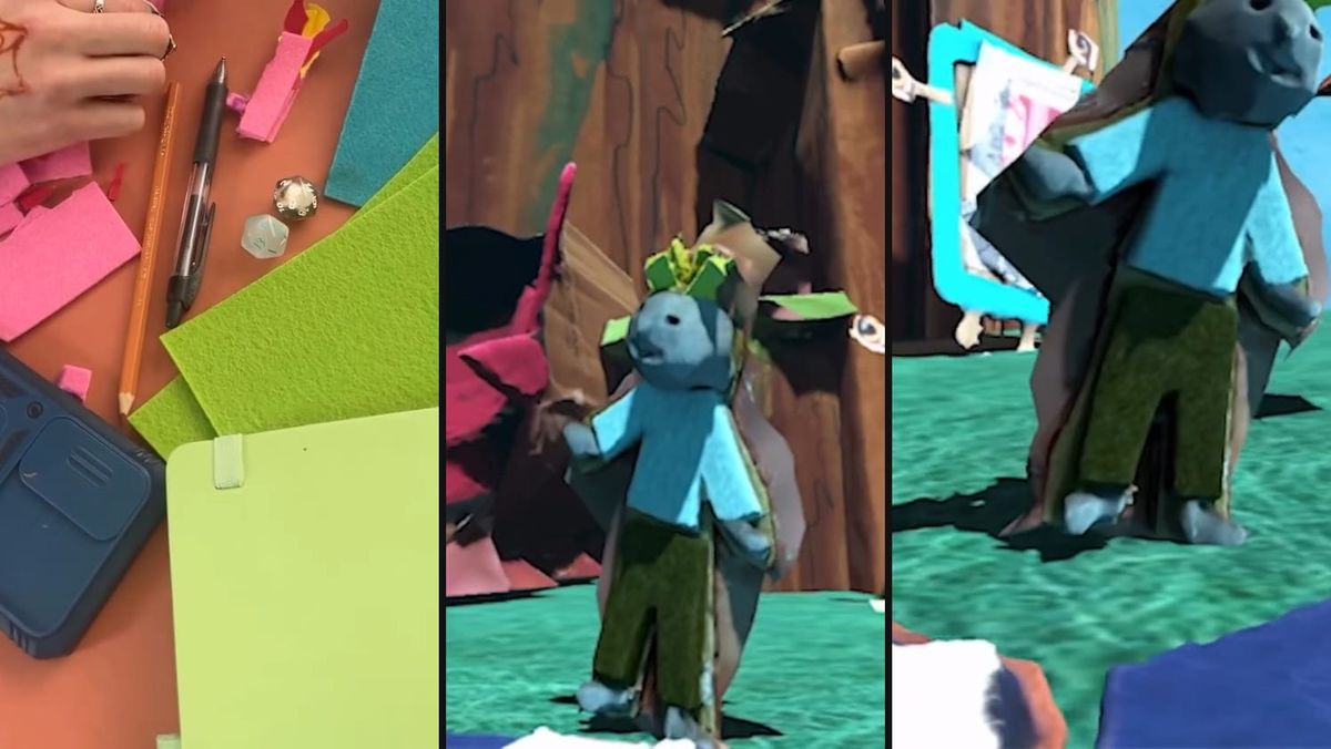 Three panels: felt, paper and pens on a craft table, then two views of a felt character standing in a 3D game world.