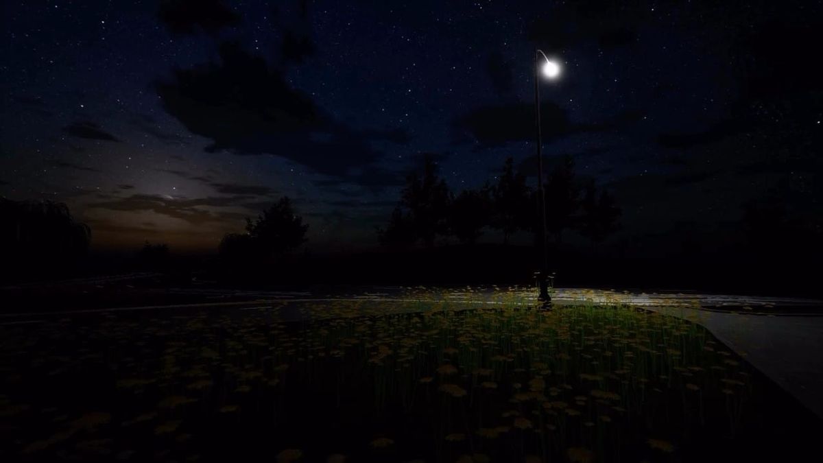 A moonlit field at night under a dark sky, a still from Happy New Year, Jim