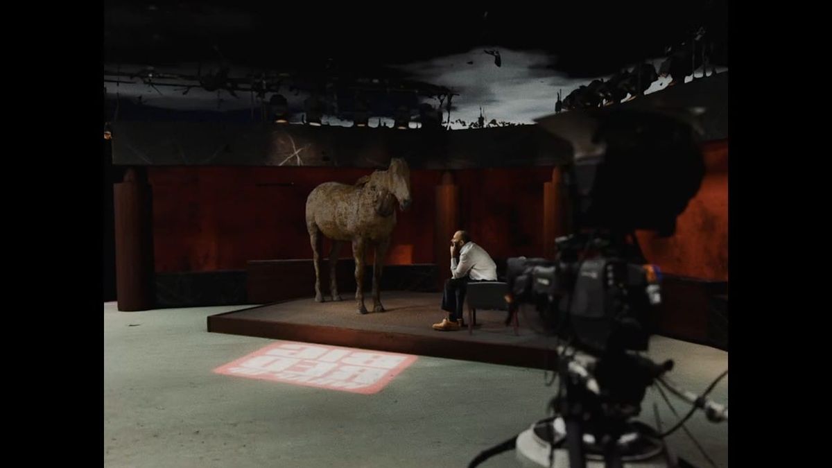 A horse stands on a TV studio stage in Someone to Steal Horses With