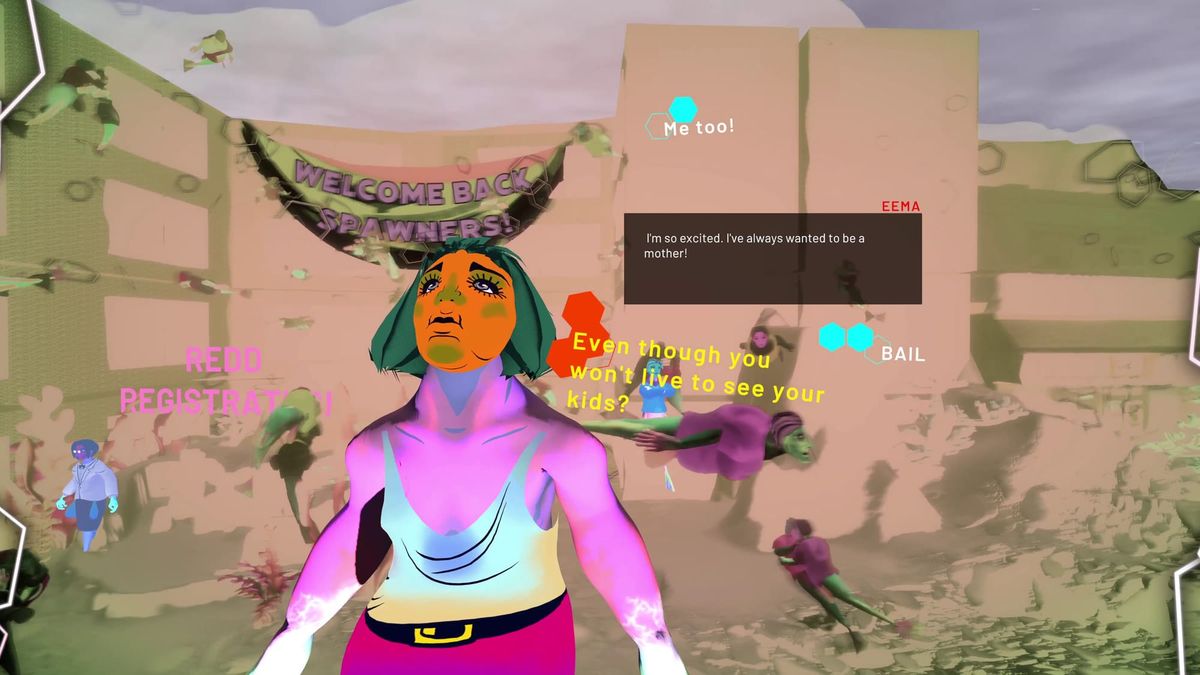 Last Call for the Redding District screenshot: a salmon-mermaid character beneath a 'Welcome back spawners' banner in her hometown