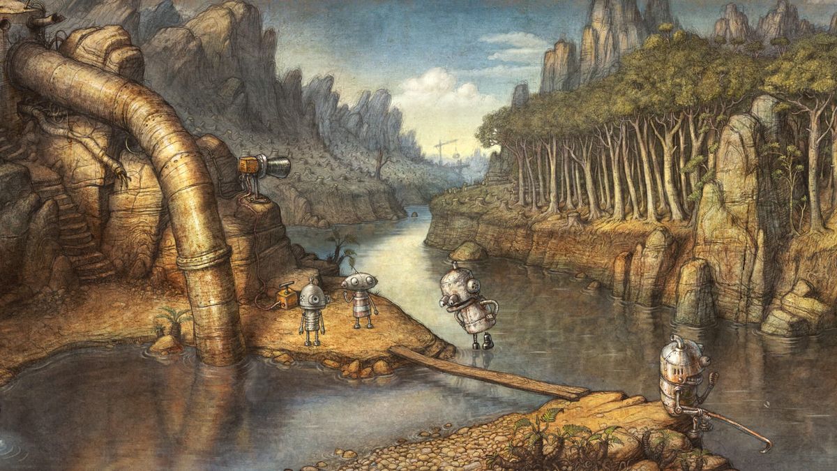 Two small robots in a hand-drawn valley landscape in Machinarium 2