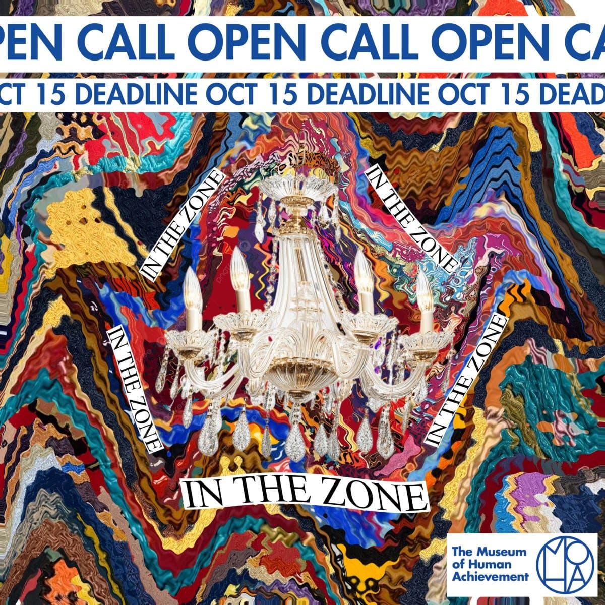 Collaged open call graphic for In the Zone with a chandelier over patterned carpet and an Oct. 15 deadline