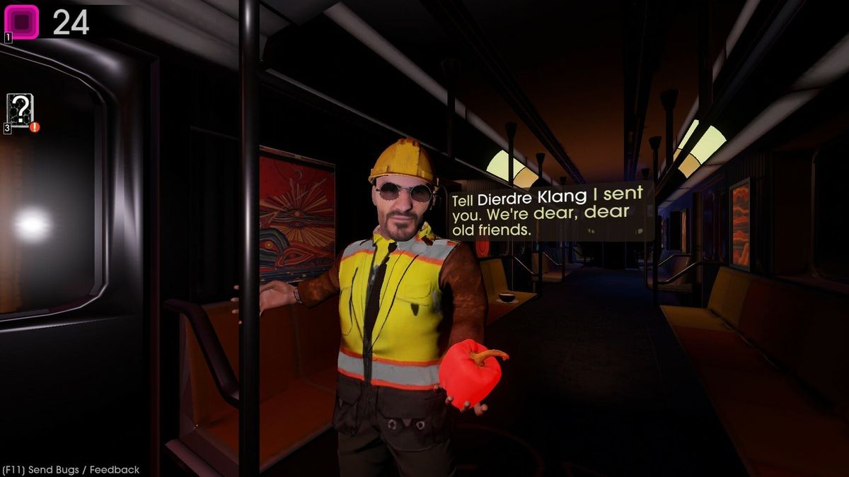 A commuter in a hard hat and safety vest confronts the player on a subway car in Moves of the Diamond Hand