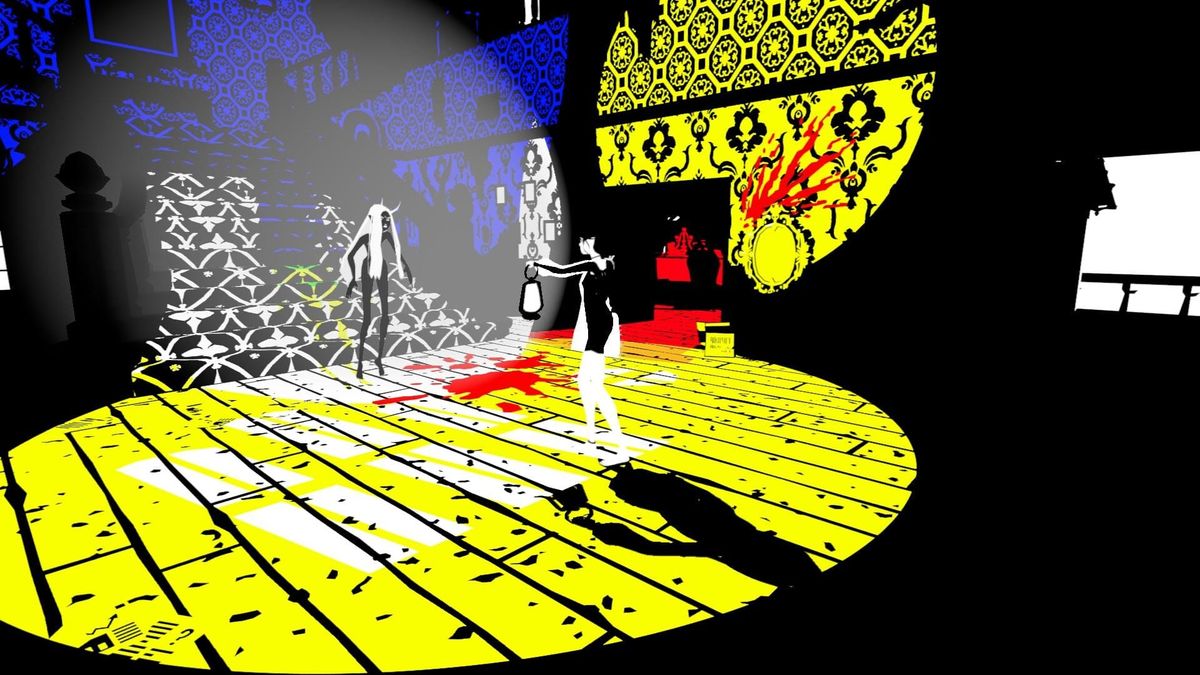 A figure with a lantern in a black and yellow patterned room in NECHROMIA