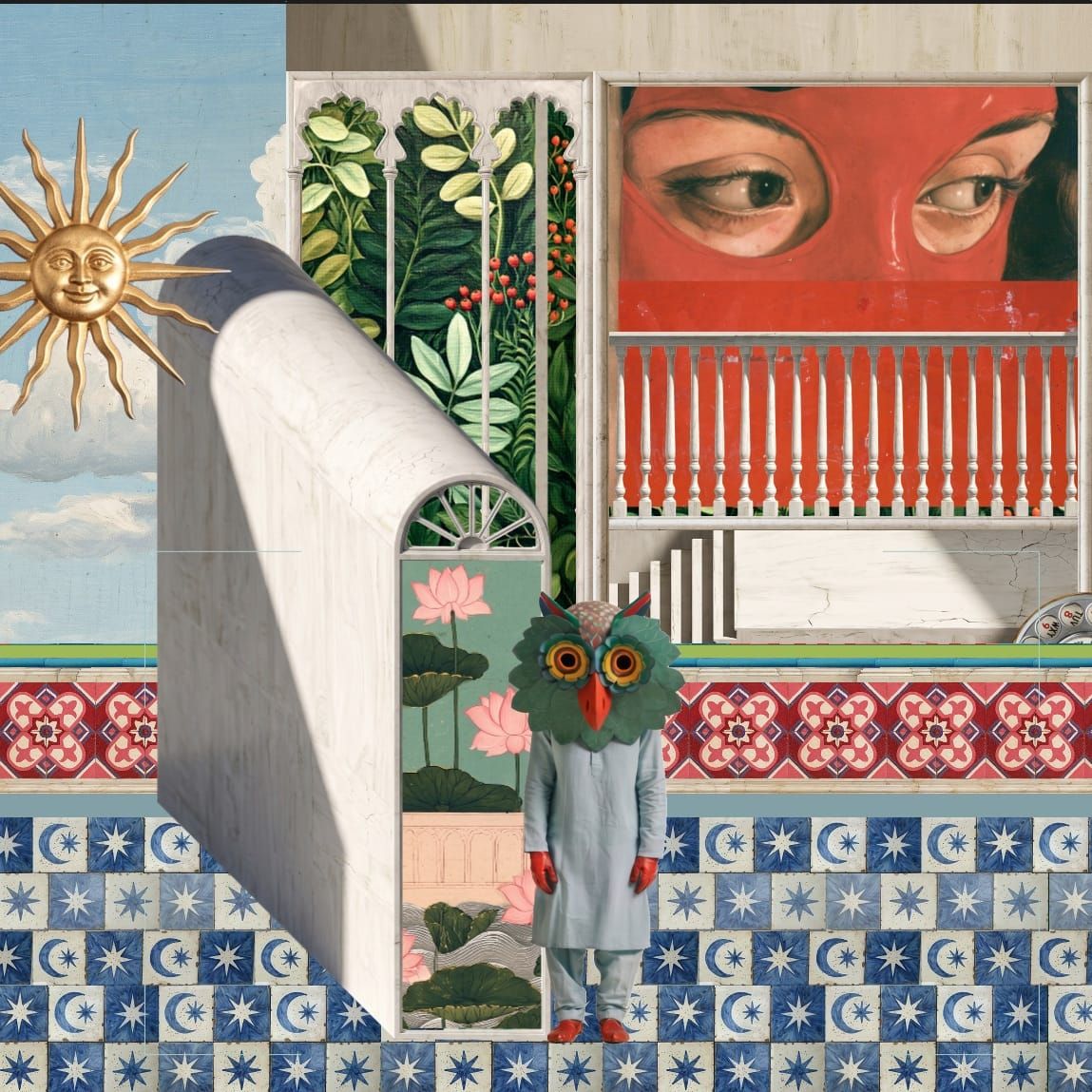 An owl-headed figure in pale blue stands on a blue patterned tile floor before an arched white doorway, a sun emblem and a painted pair of eyes.
