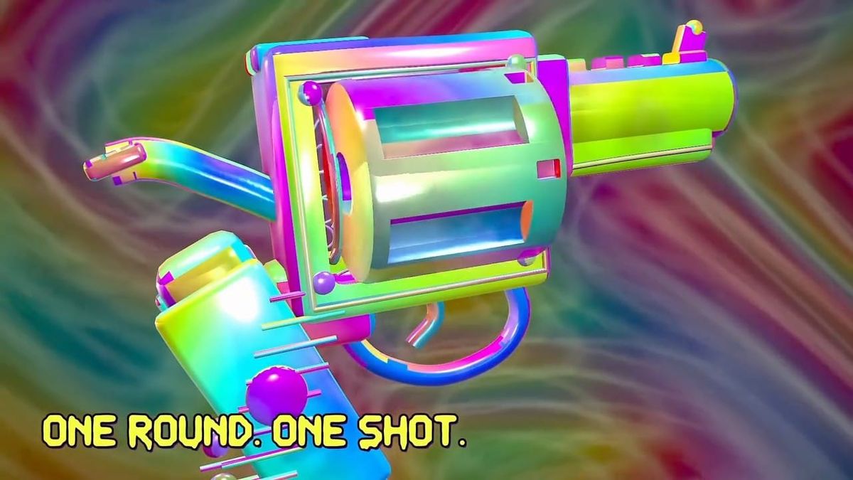 A rainbow-colored revolver floating against a swirling psychedelic background
