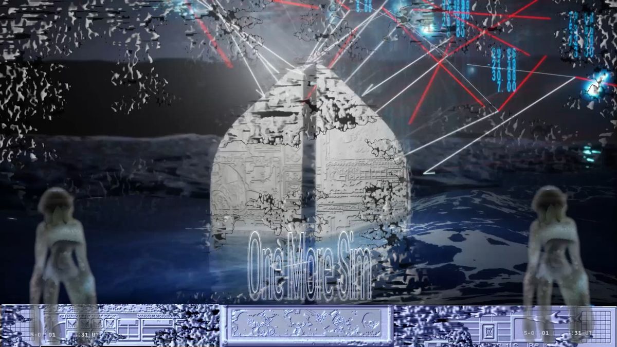 A pale, carved dome under a dark sky, crossed by red and white laser lines, with small glowing figures standing in the foreground.