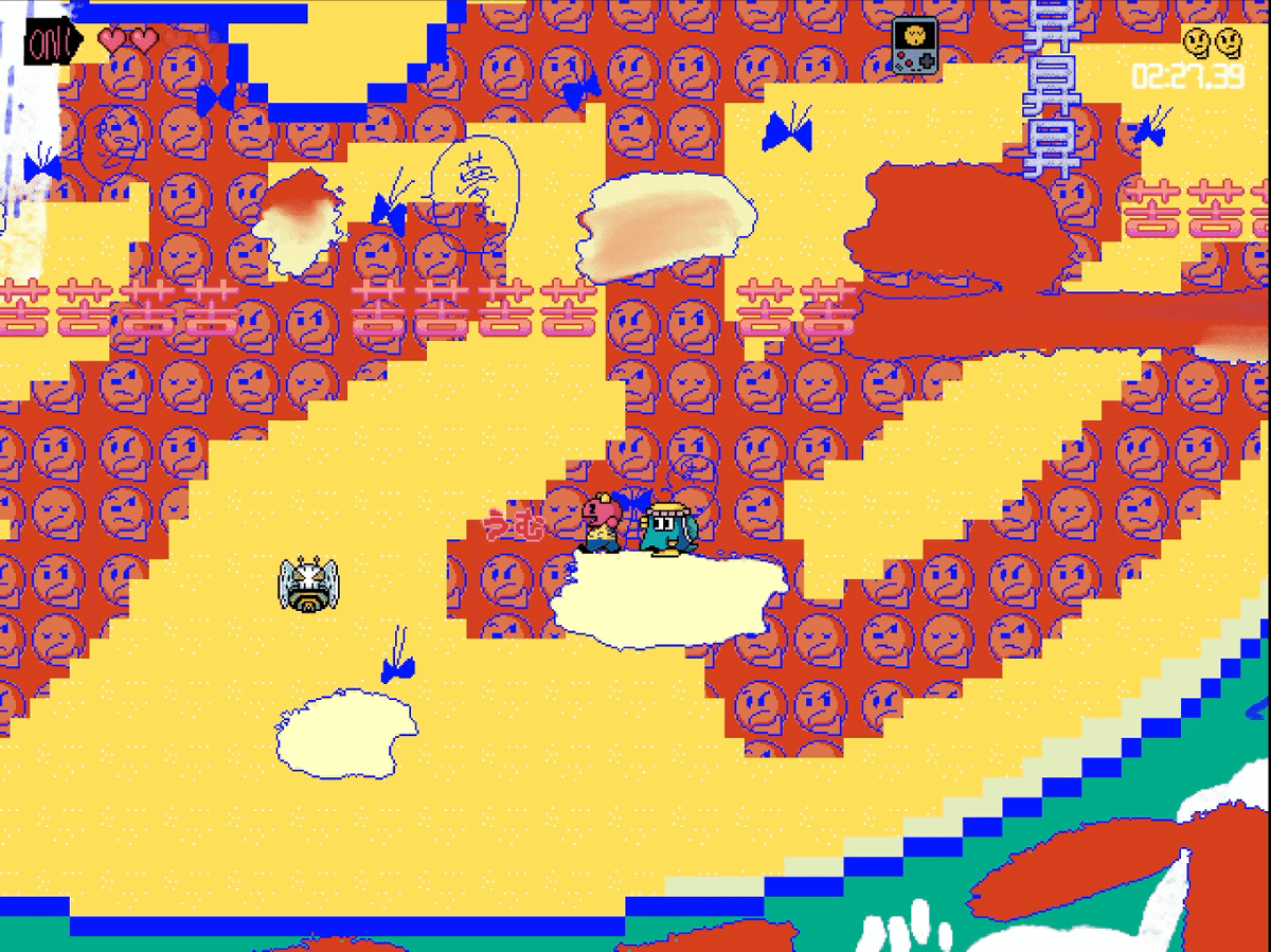 Pixel-art side-scrolling level in red, yellow and blue, with small oni and kappa characters