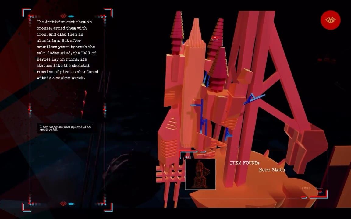 Red and orange modular palace structures float in darkness beside a text panel in Osaider.