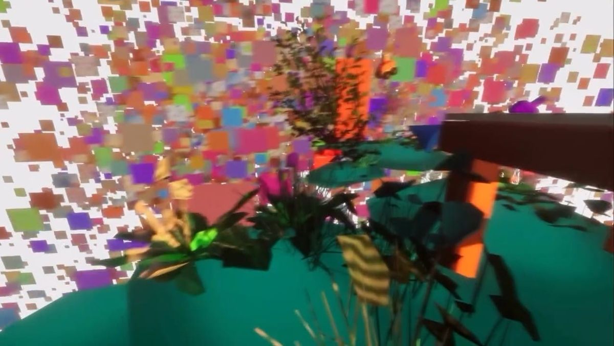 A potted plant dissolving into floating colored squares in the game Out of Focus