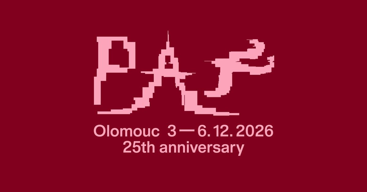 The PAF logo in pink pixel lettering on a dark red field, above the text Olomouc 3 to 6.12.2026, 25th anniversary.