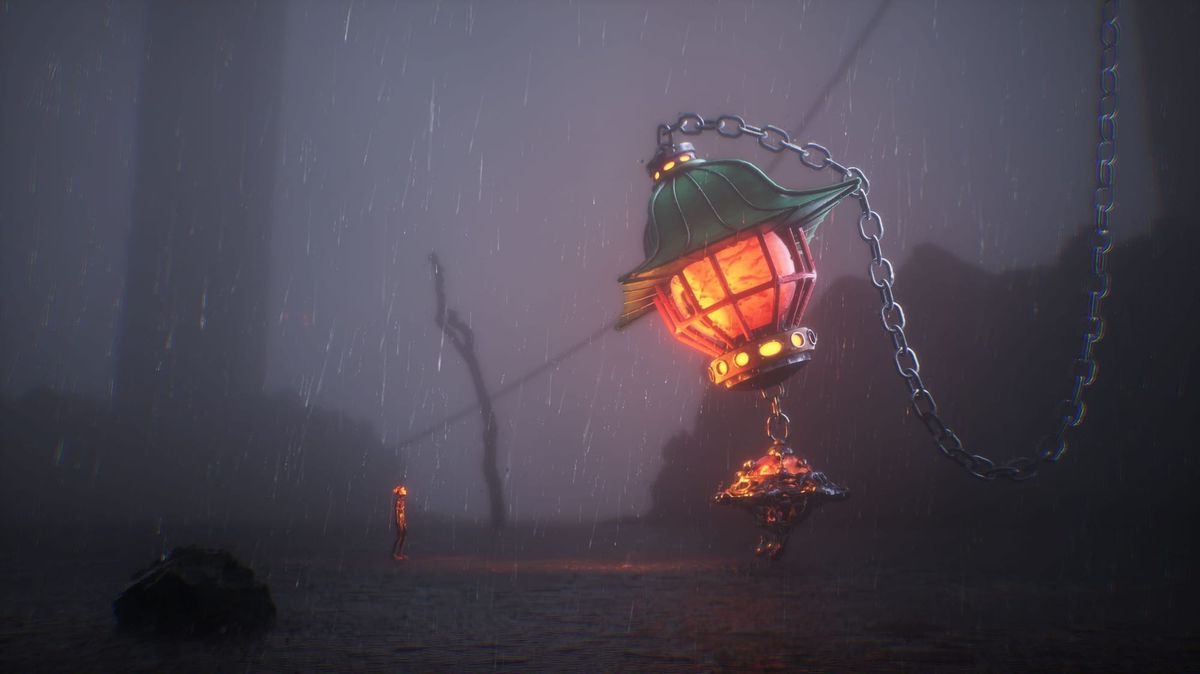 The lantern spirit character from Palimpsest in a foggy landscape