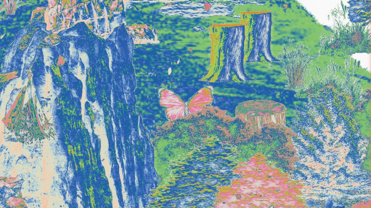 A pink butterfly hovers over a collaged landscape of rocks, tree stumps and a river in Paru-paro