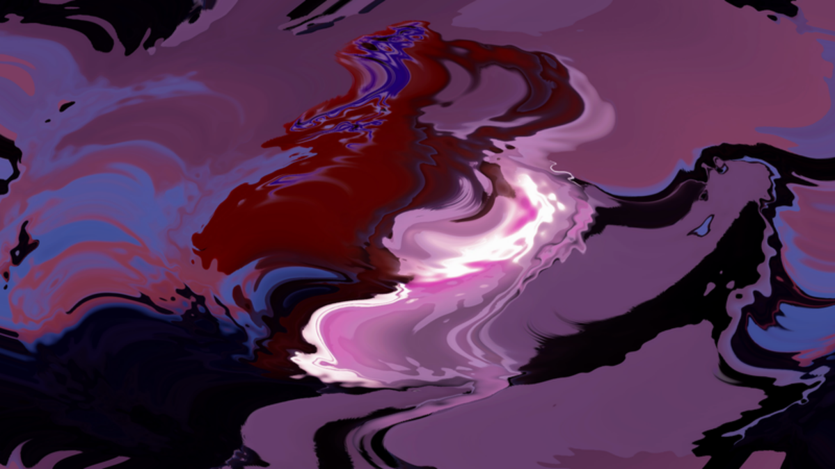 An abstract swirl of red, violet and black