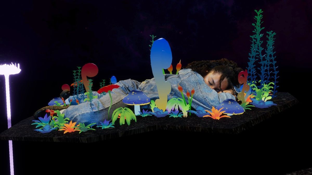 A sleeping figure lies across a bright dreamlike landscape of toys and plants in Plum Road Tea Dream