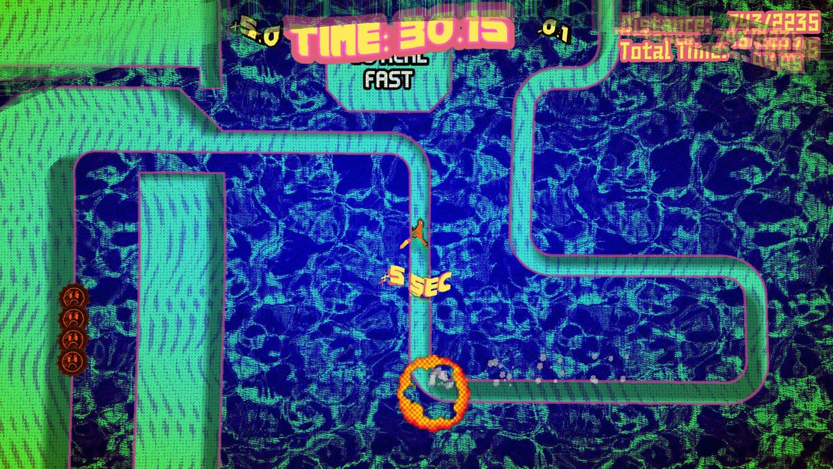 A dog flies on rockets through a neon club level in The Indomitable Rocket Dog