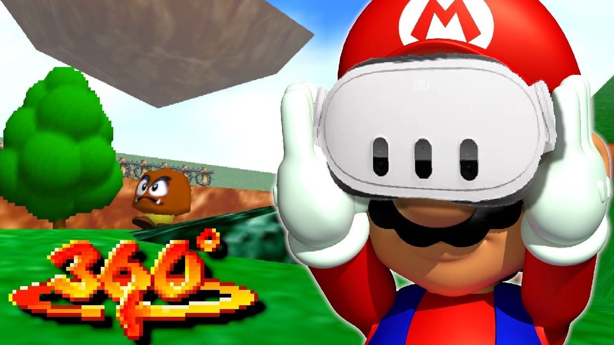 Mario wearing a VR headset, in Rovertronic's thumbnail for the 360-degree video